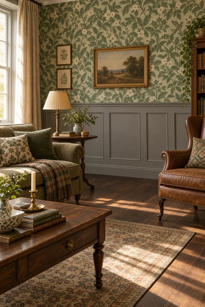 Grey wainscoting paired with green botanical wallpaper above