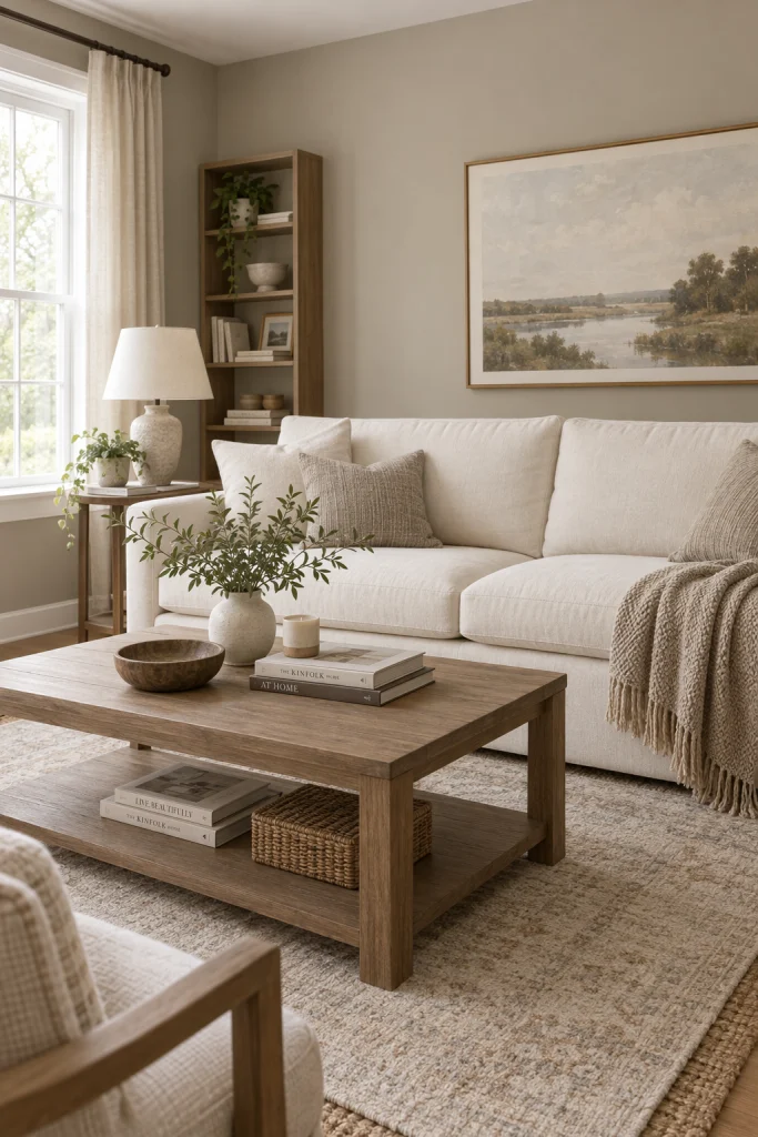 Greige living room walls balancing warm beige and cool grey tones