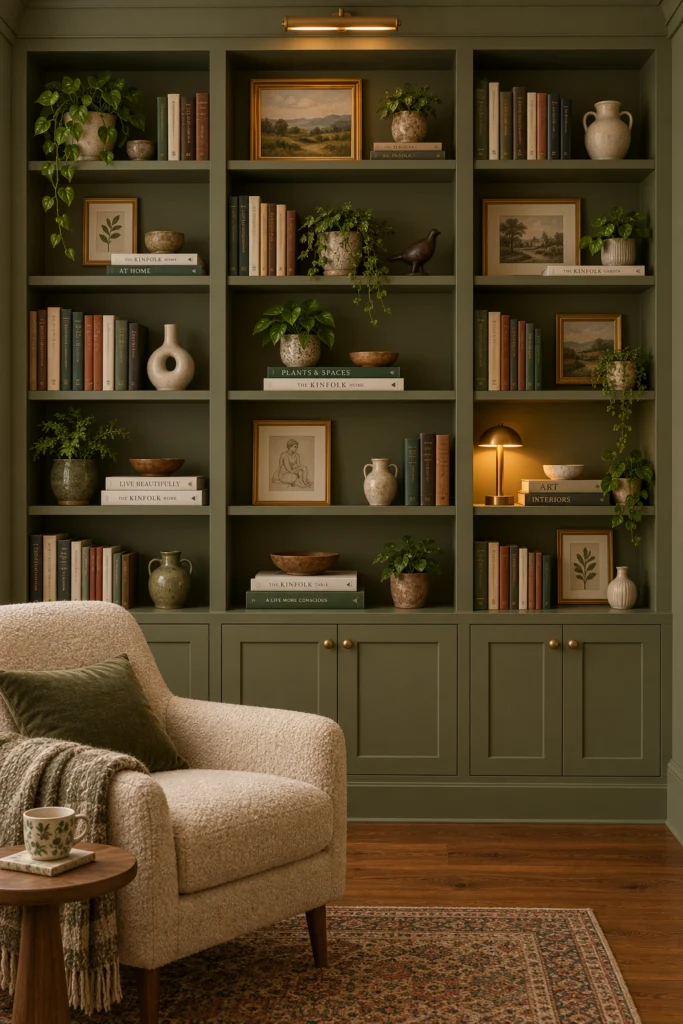 Olive green painted built in bookshelves styled with books