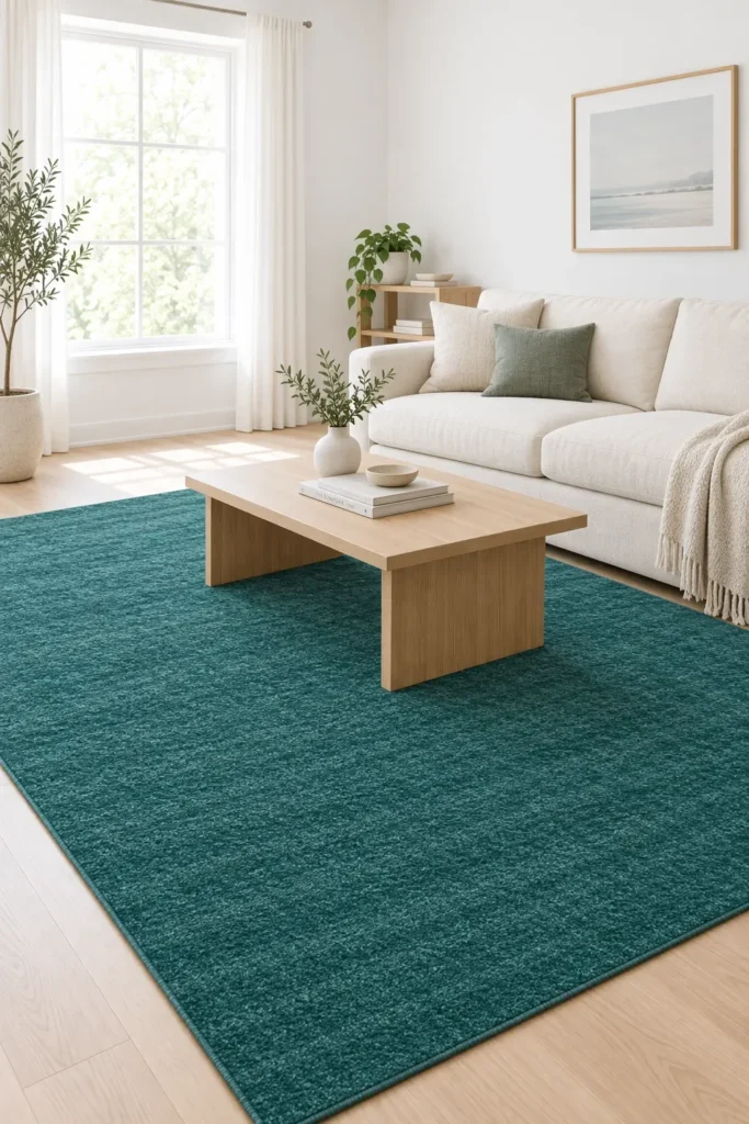 Teal area rug centerpiece in neutral toned living room