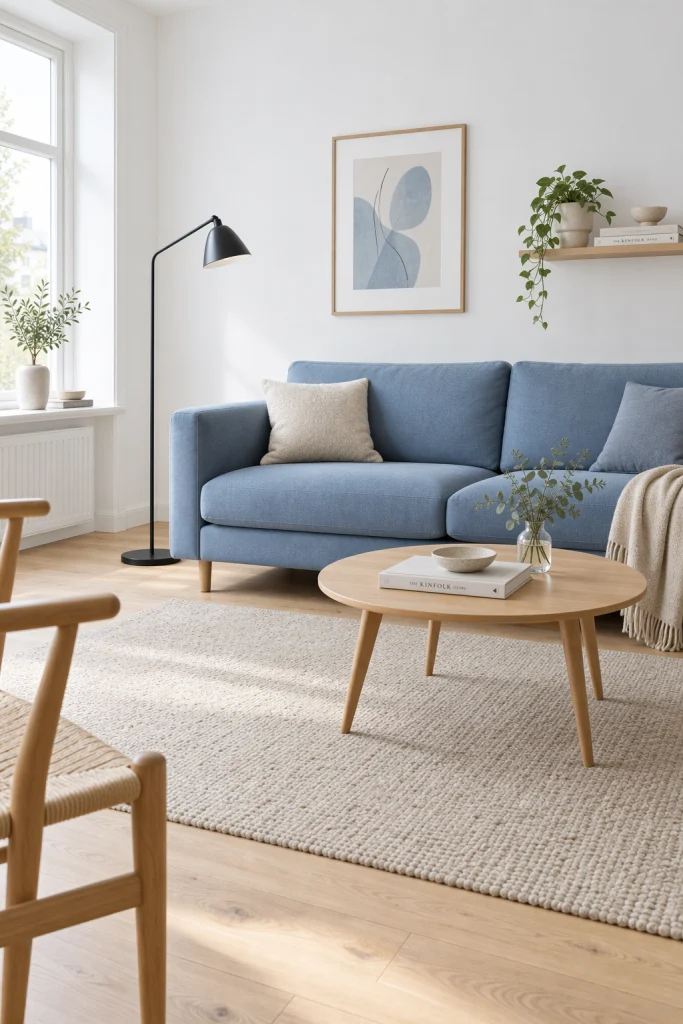 Scandinavian living room with dusty blue sofa and beige rug