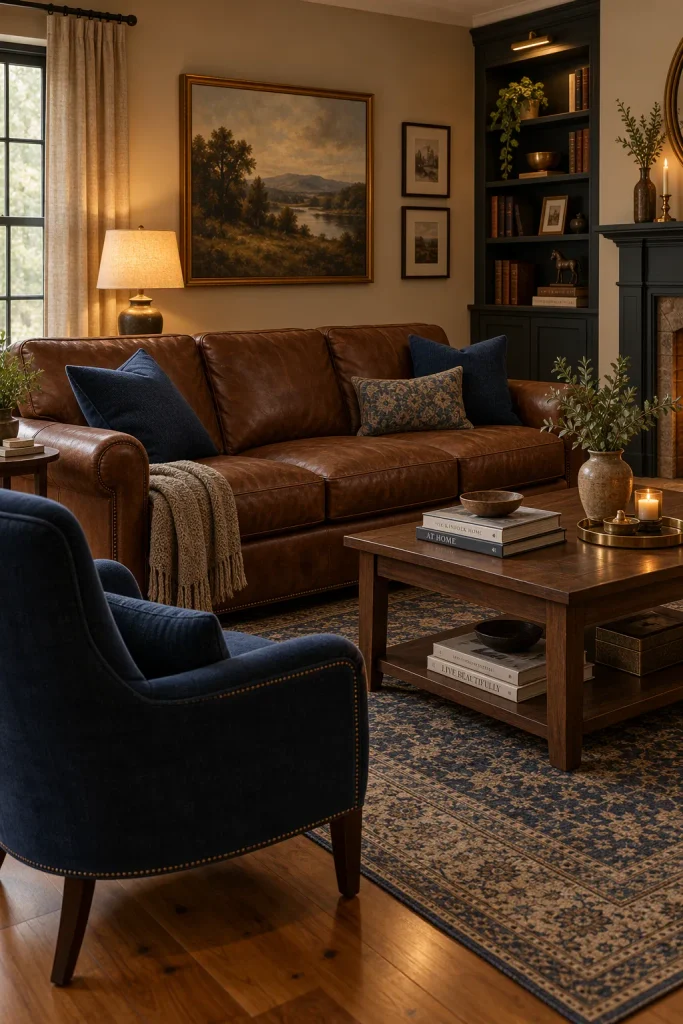 Brown leather sofa styled with navy blue throw pillows