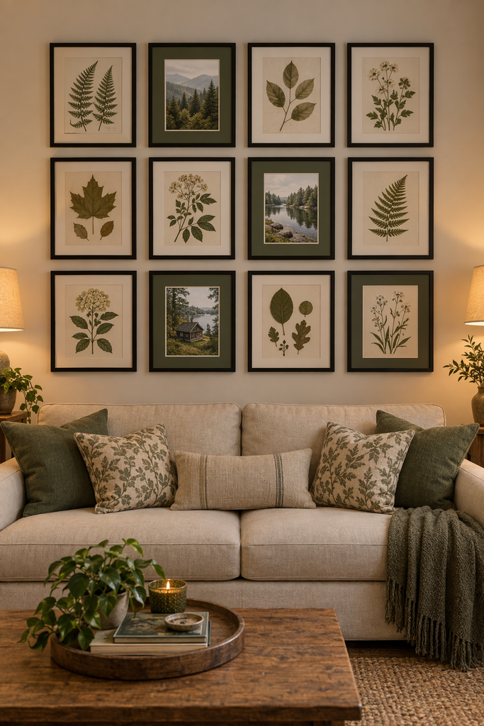 Green botanical gallery wall above a living room sofa