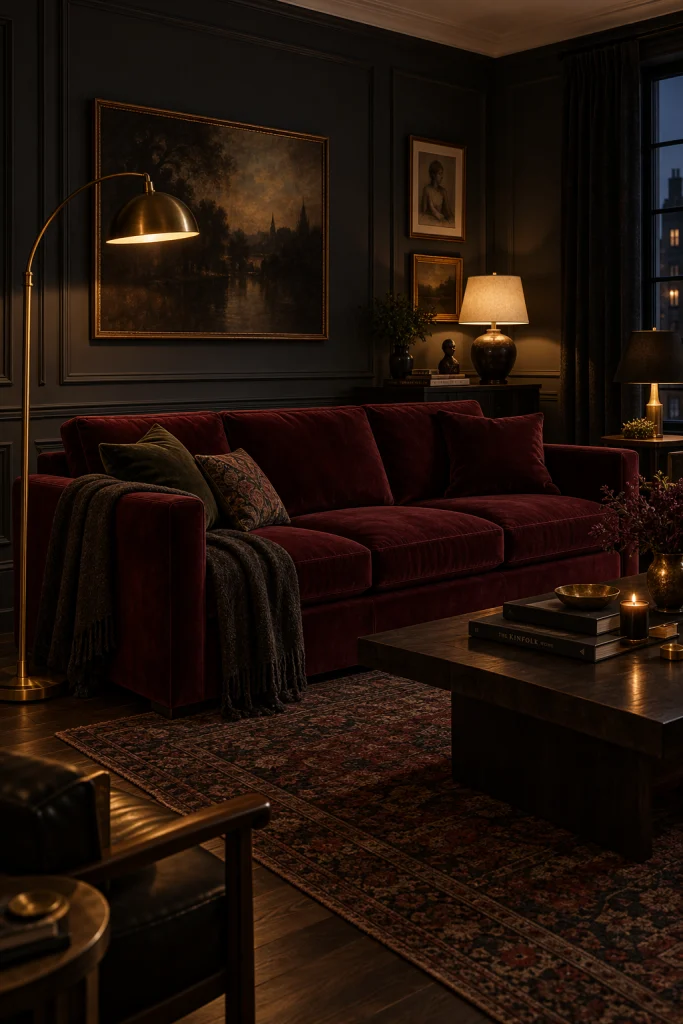 Moody dark living room with burgundy velvet sofa