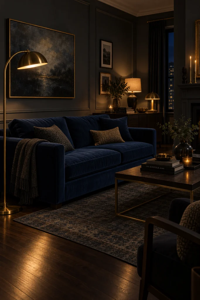 Moody charcoal grey and navy blue living room