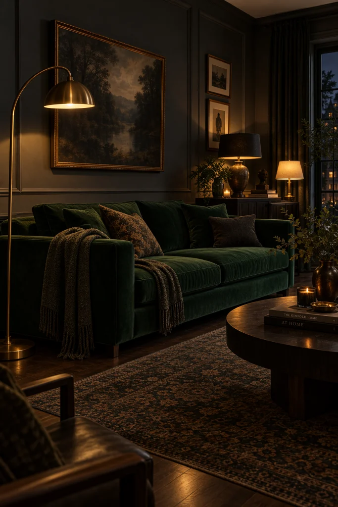 Moody charcoal grey and forest green living room