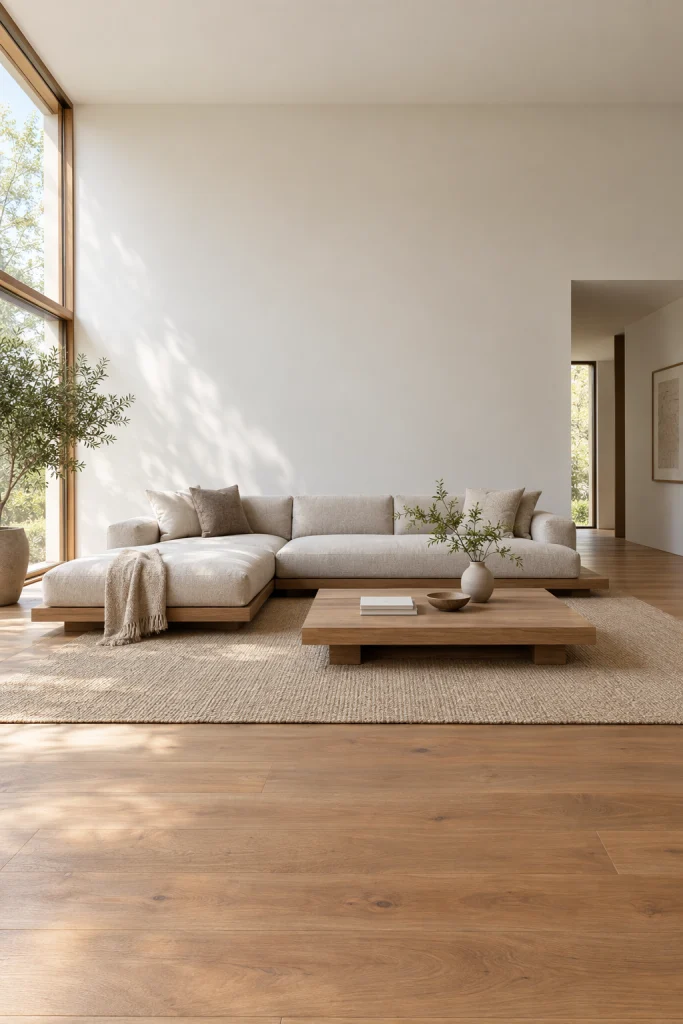 Low-profile platform sofa in a modern boho living room