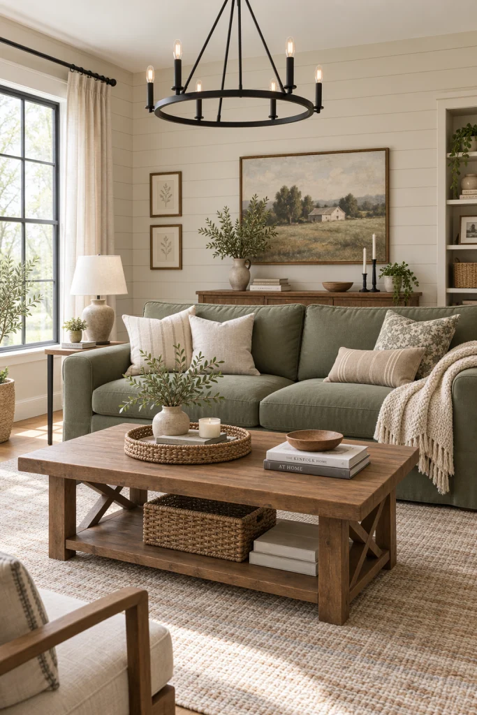 Modern farmhouse living room with sage green sofa and beige shiplap