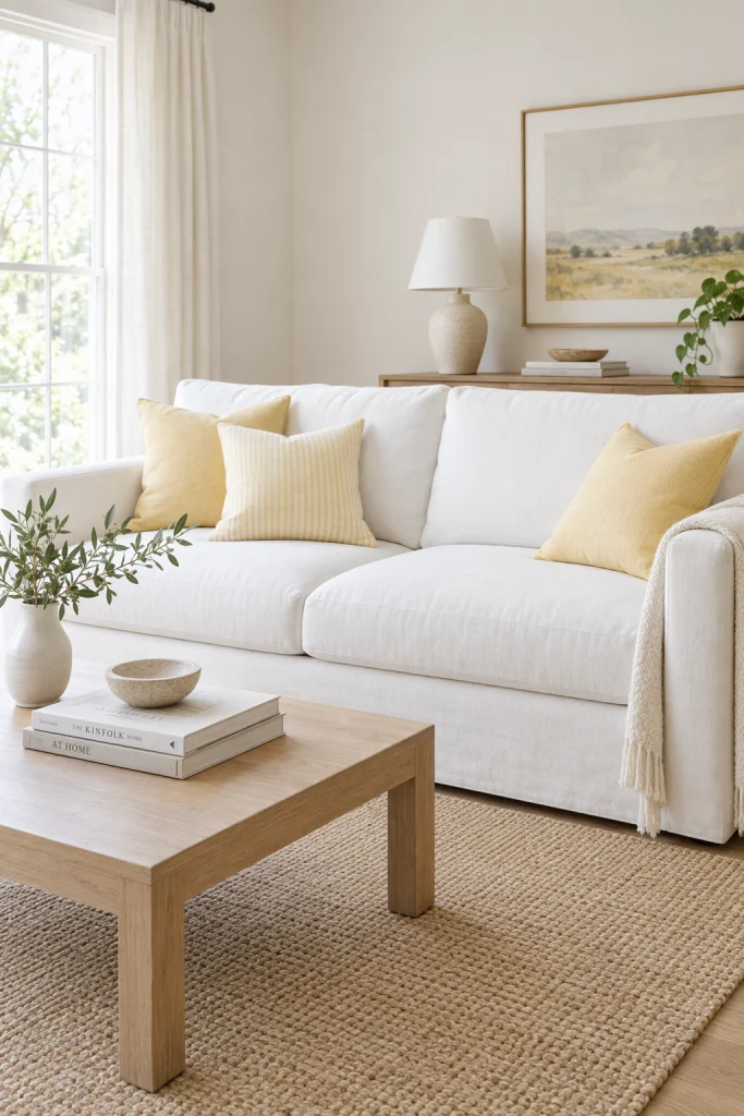 Pale yellow throw pillows adding a cheerful accent to a white sofa