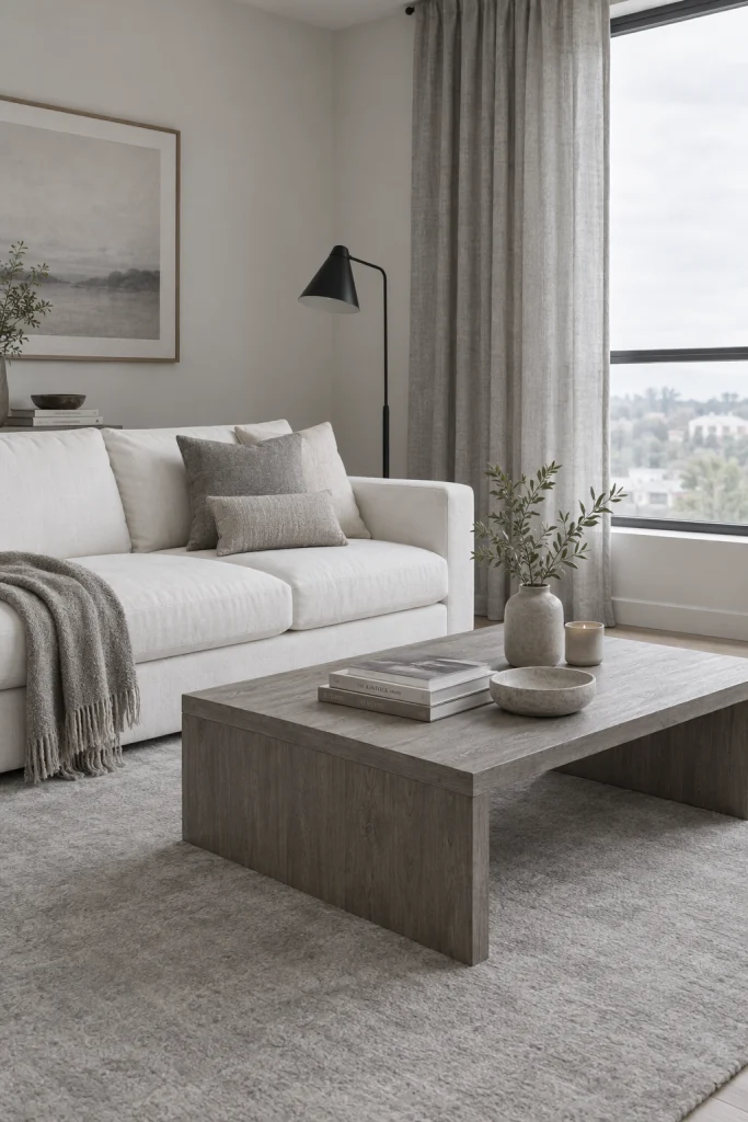 White couch with soft grey accents for a calm contemporary living room