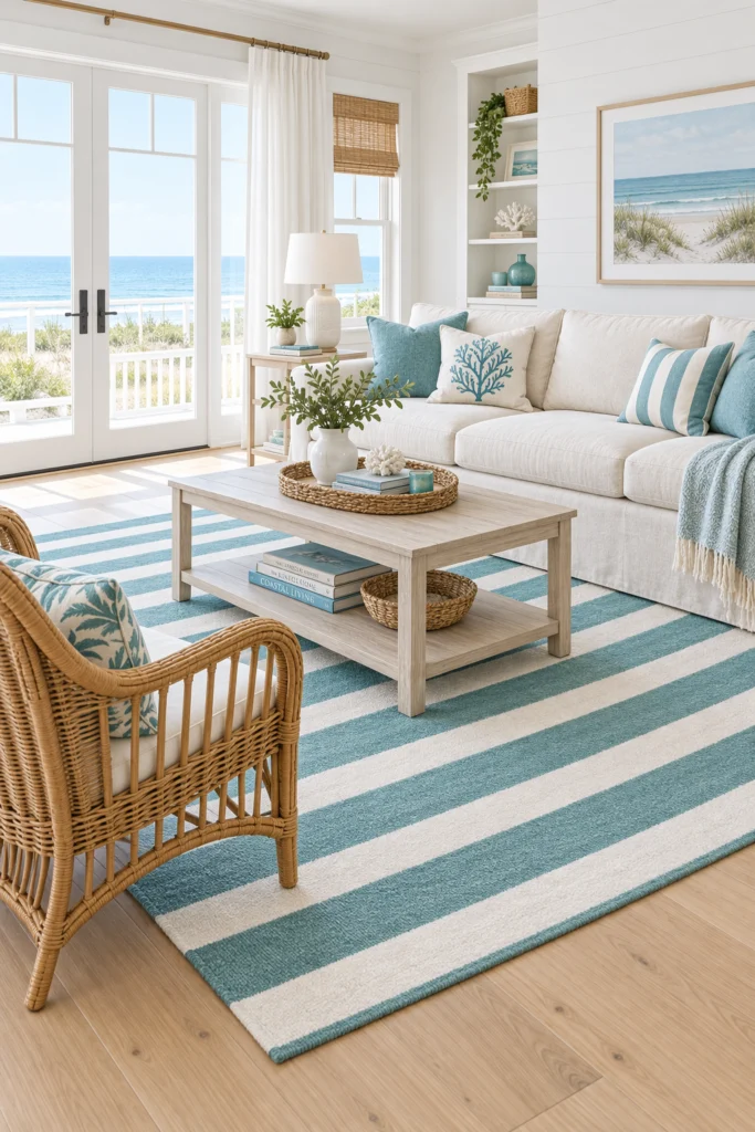Coastal living room with teal and white striped area rug