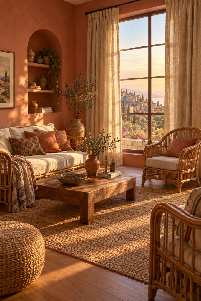 Terracotta pink walls with beige linen curtains in a living room