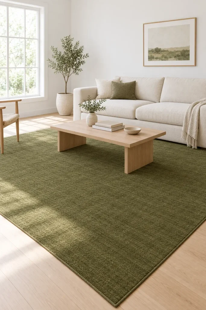 Olive green area rug centerpiece in neutral living room