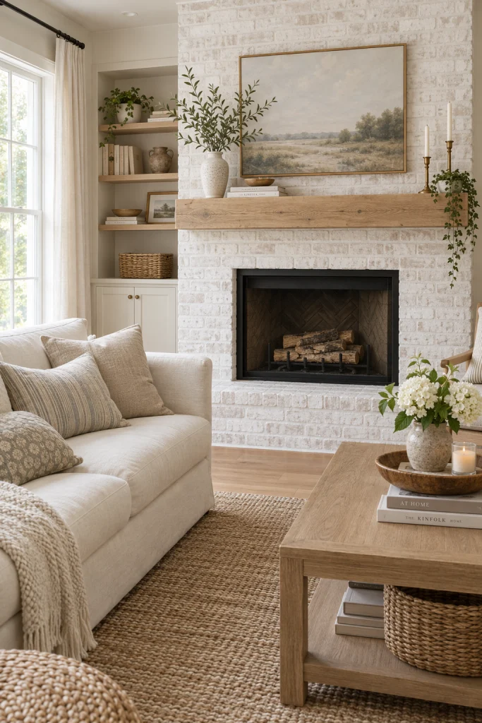 Whitewashed brick fireplace as a focal point in a light living room