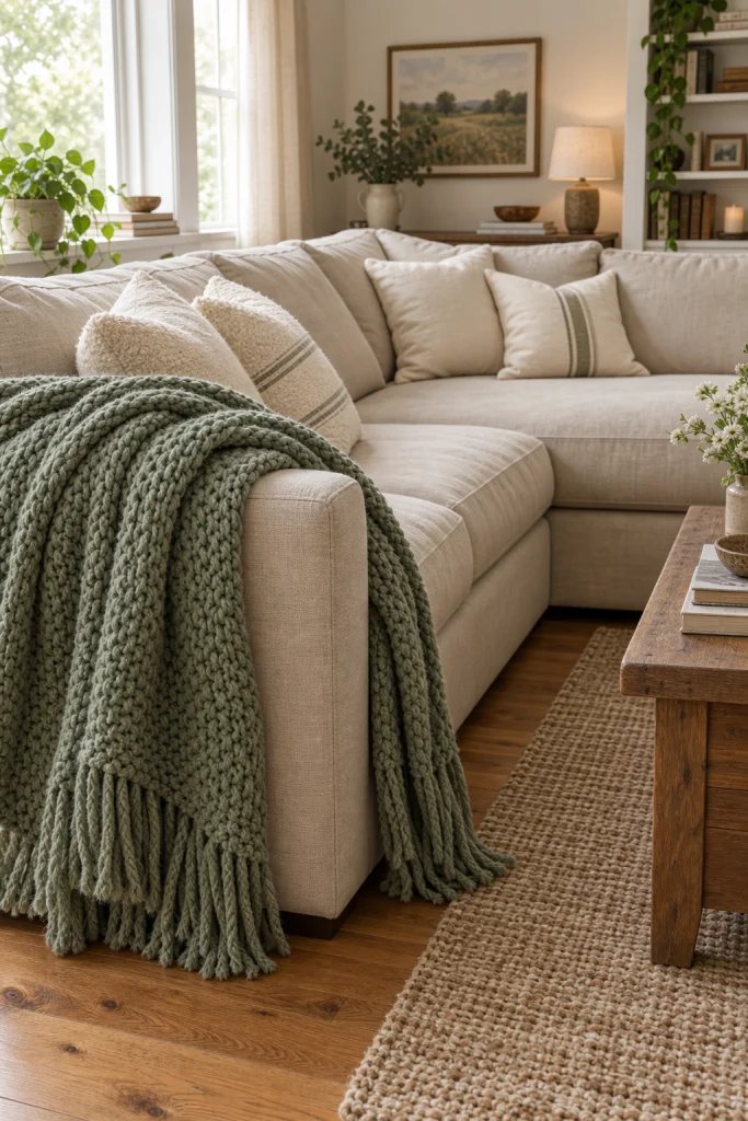 Beige sectional sofa with sage green knit throw blanket