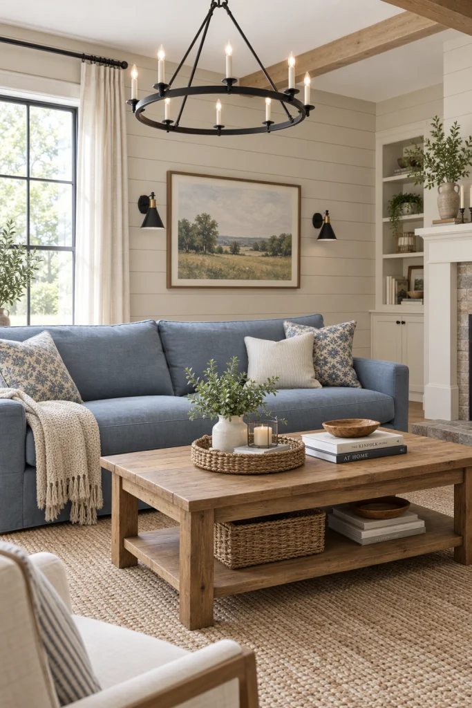 Modern farmhouse living room with dusty blue sofa and beige shiplap