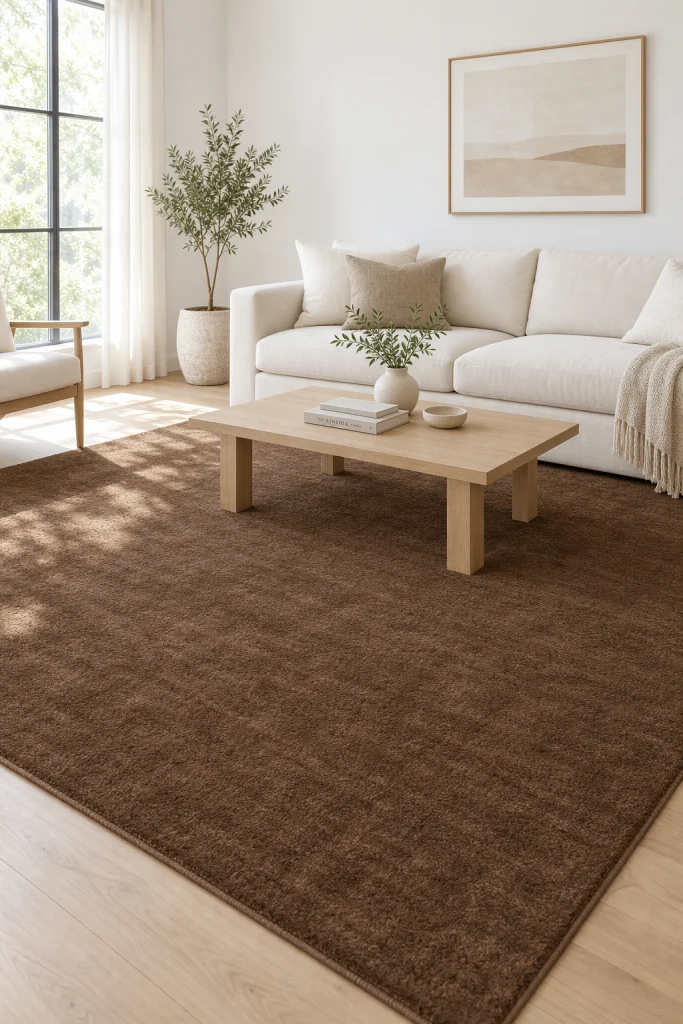 Brown area rug centerpiece in neutral toned living room