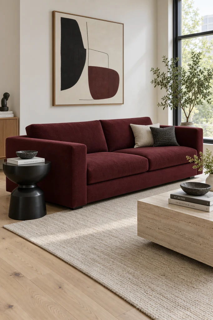 Contemporary living room with clean lined burgundy sofa