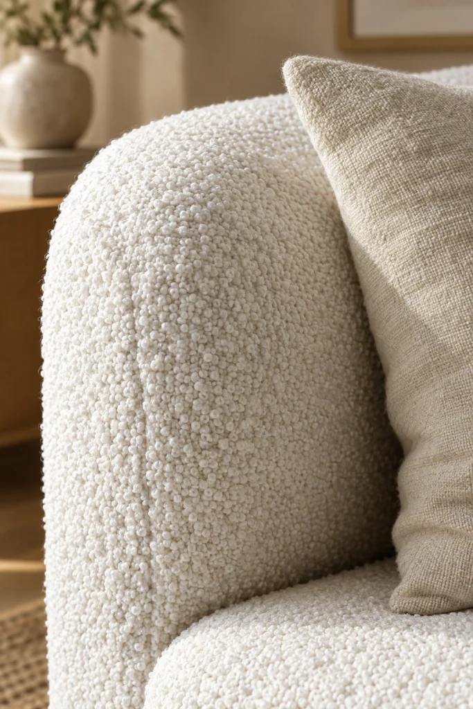 Close-up of white bouclé fabric texture on a living room couch