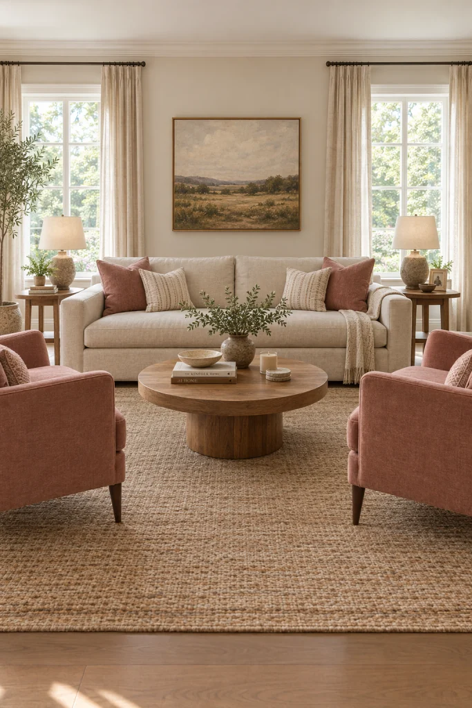 Two pink accent chairs flanking a beige sofa in a living room