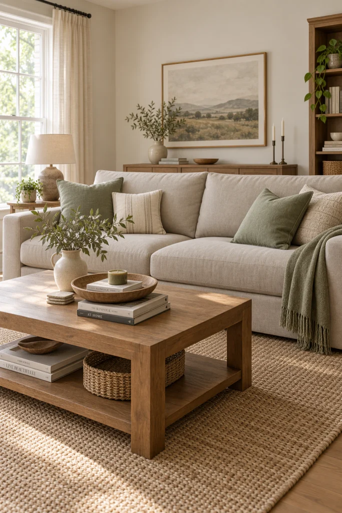 Greige sofa styled with sage green throw pillows