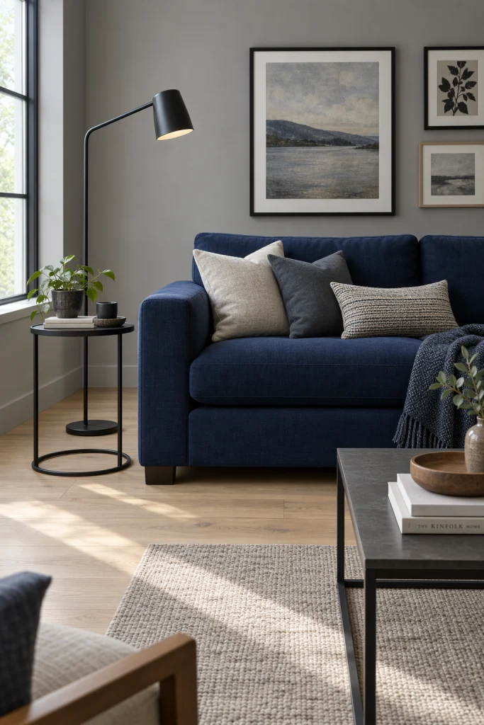 Navy blue sofa with black metal accents against grey walls