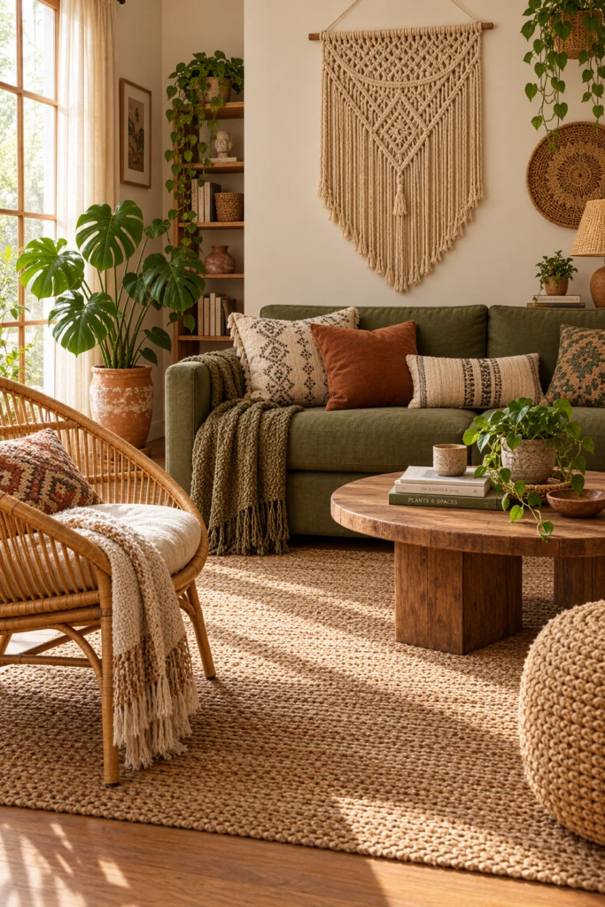 Boho living room with olive green sofa and rattan accents