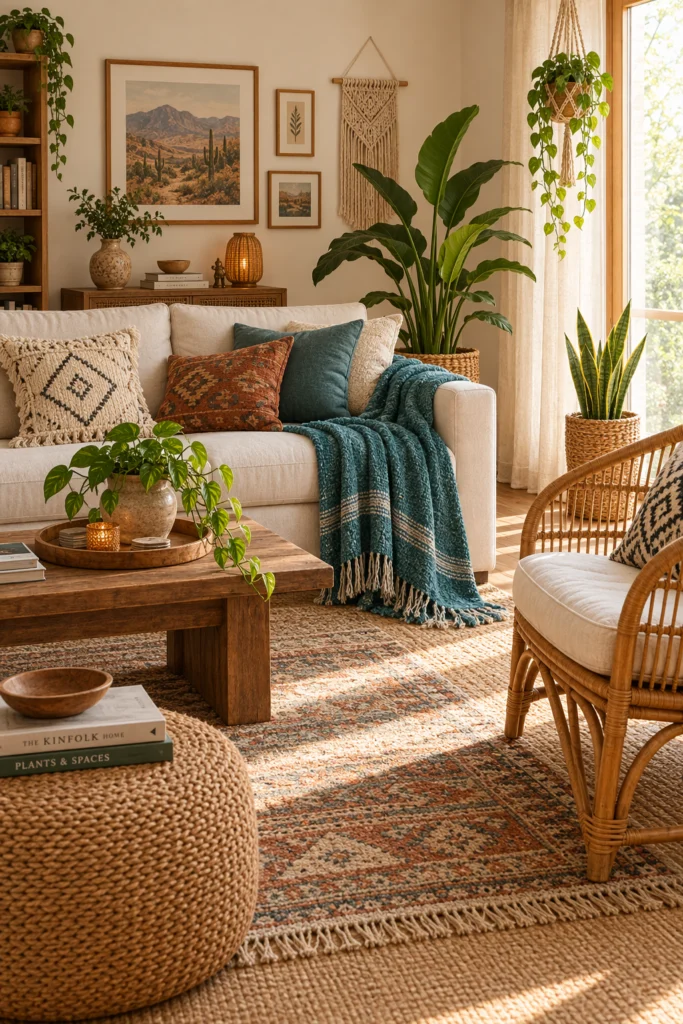 Boho living room with teal throw blanket and rattan accent chair