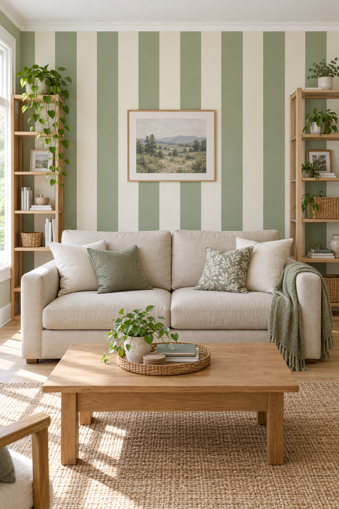 Green and cream striped removable wallpaper accent wall