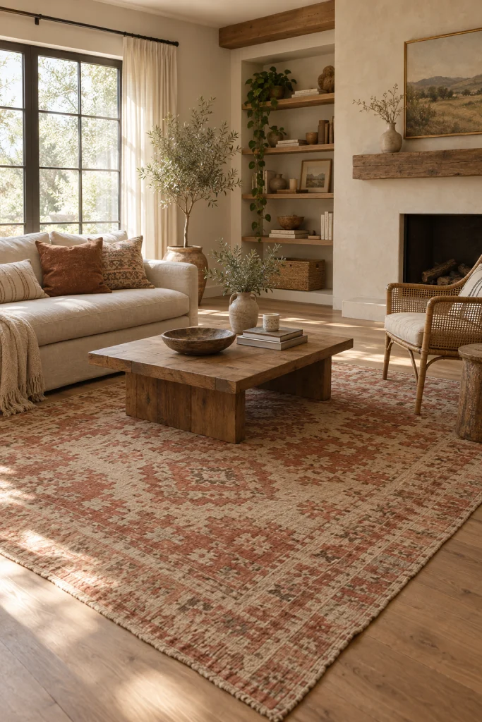  Vintage kilim rug as the centerpiece of a modern boho living room