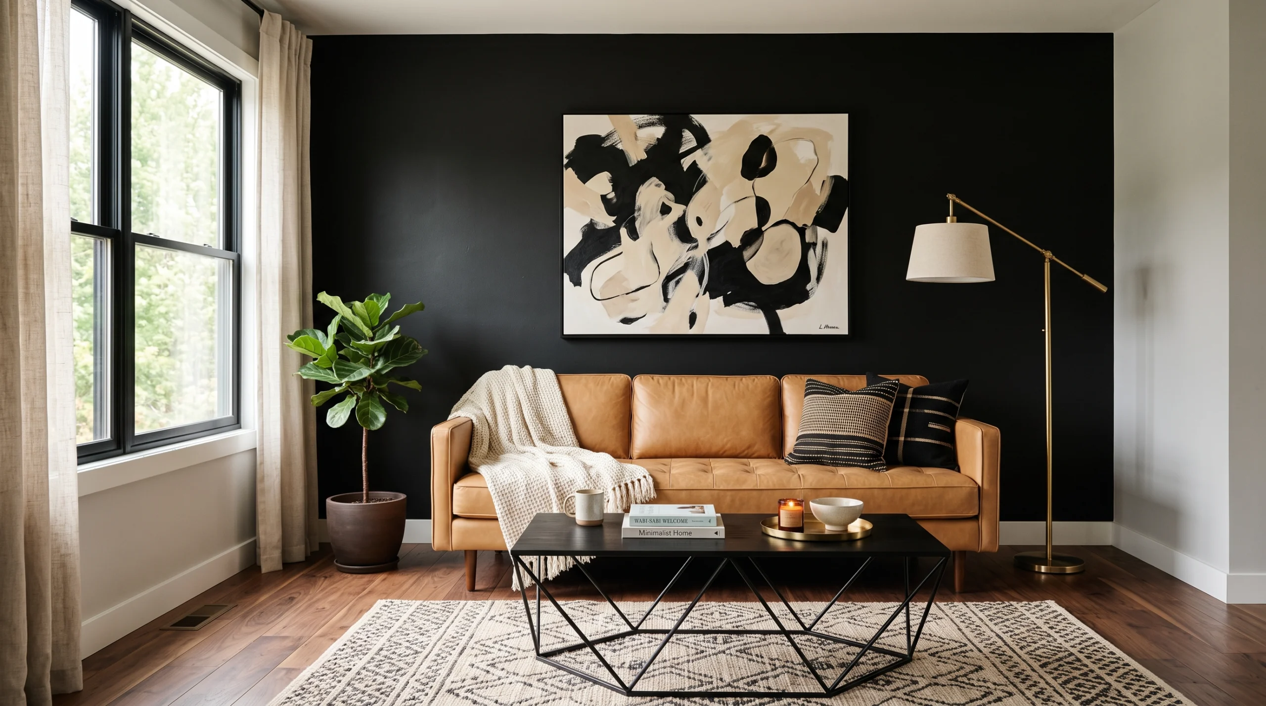 Modern living room with matte black accent wall and camel leather sofa