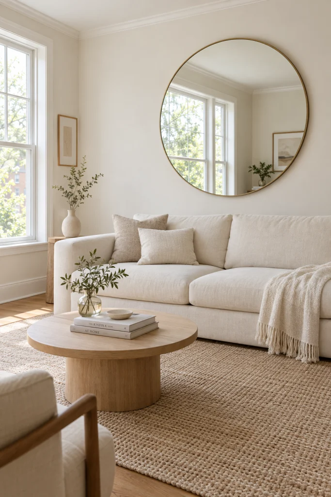 Large mirror opposite a window doubling natural light in a living room