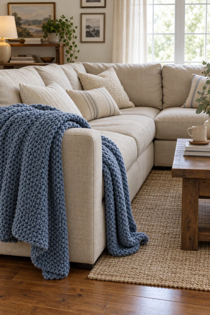 Beige sectional sofa with dusty blue knit throw blanket