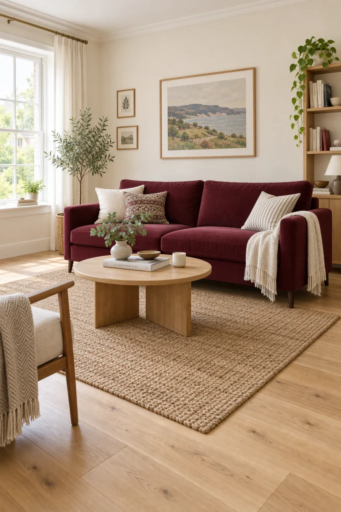 Burgundy sofa on light oak wood flooring