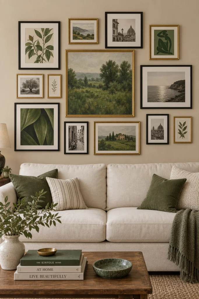 Green toned gallery wall against beige living room wall