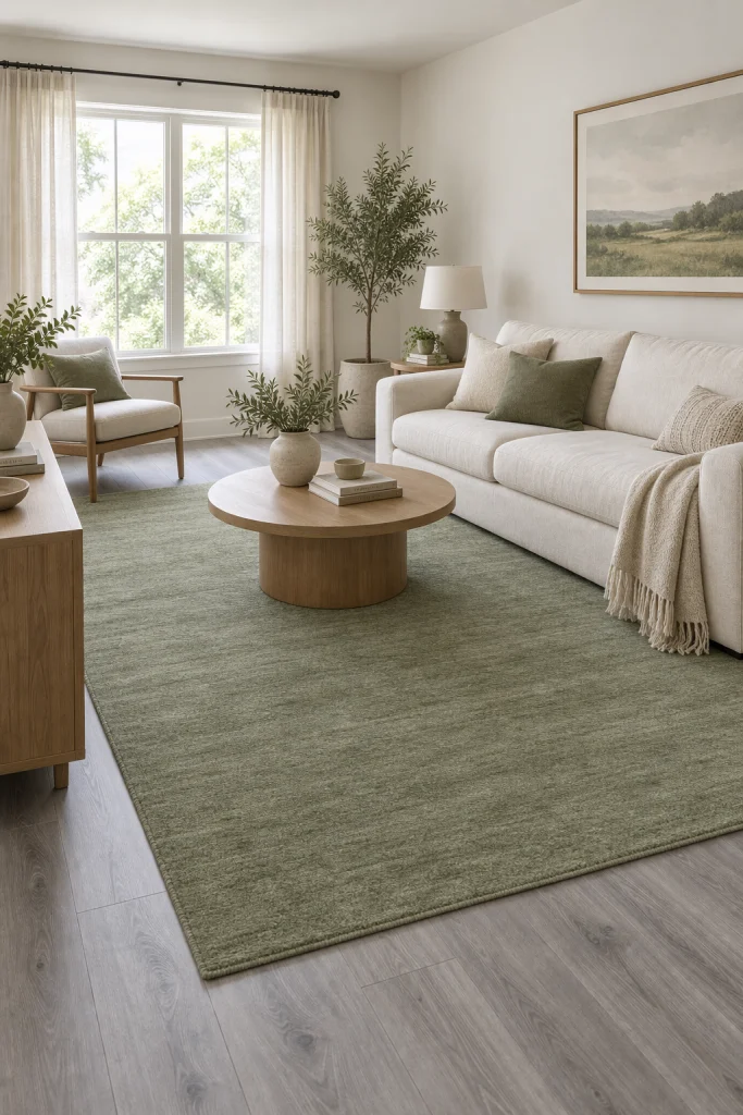 Sage green area rug on grey wood look flooring