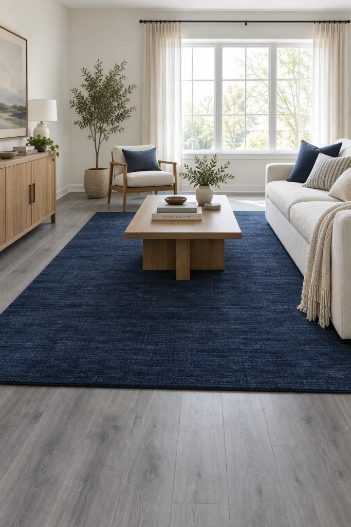 Navy blue area rug on grey wood look flooring