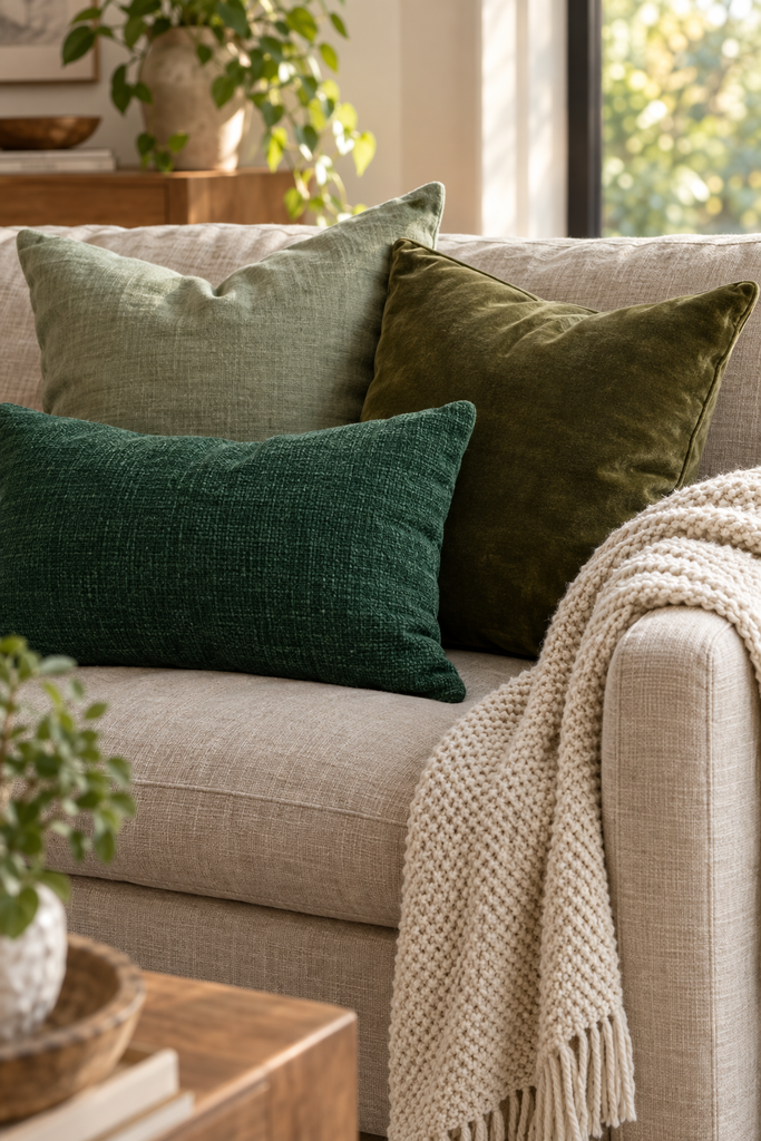 Mismatched green throw pillows layered on a beige sofa