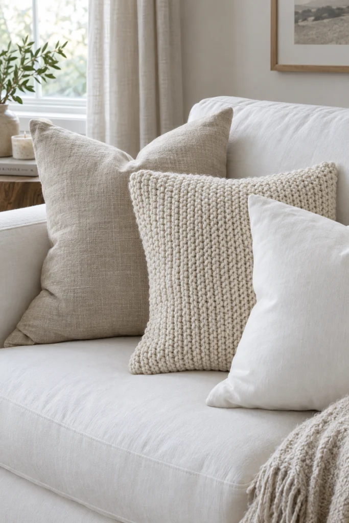 Mismatched white and cream throw pillows layered on a white couch