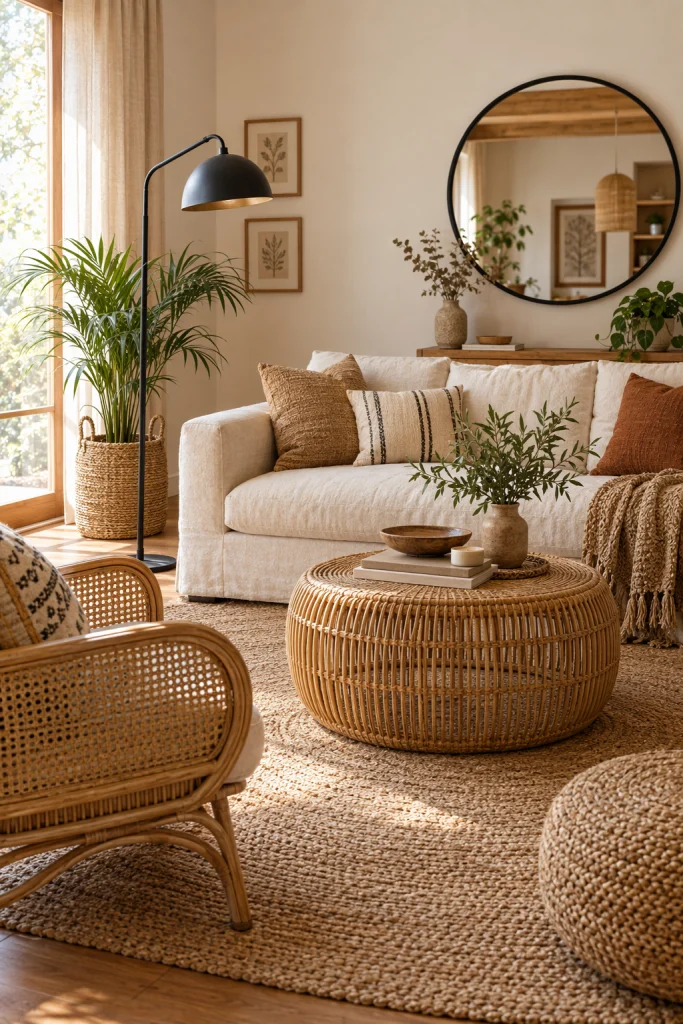 Black metal accents mixed into a modern boho living room