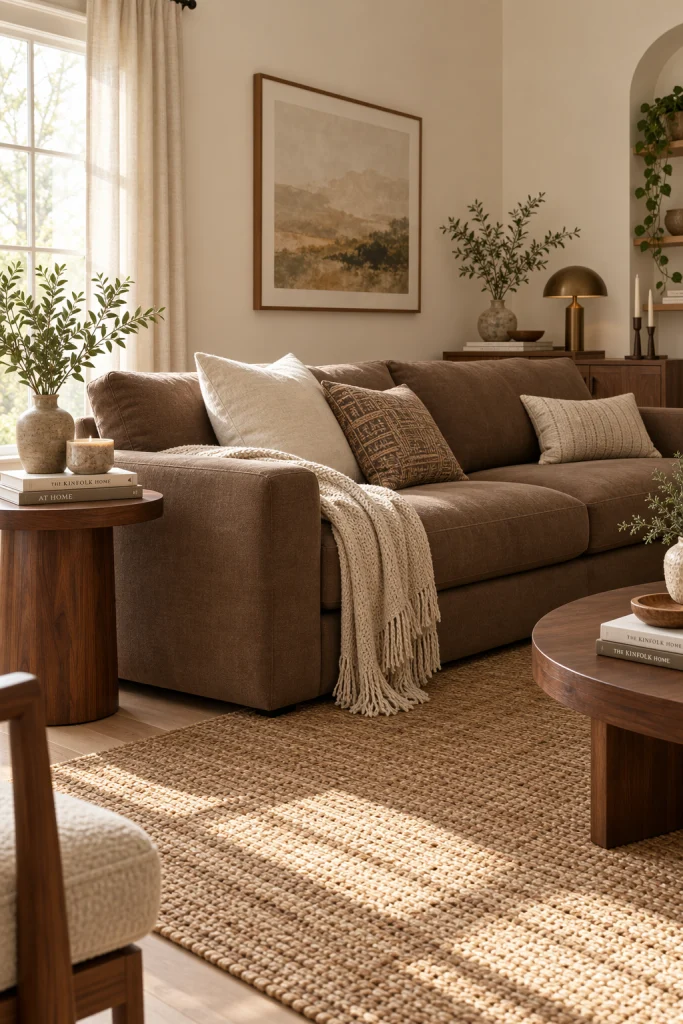 Mocha brown sofa in soft neutral toned living room