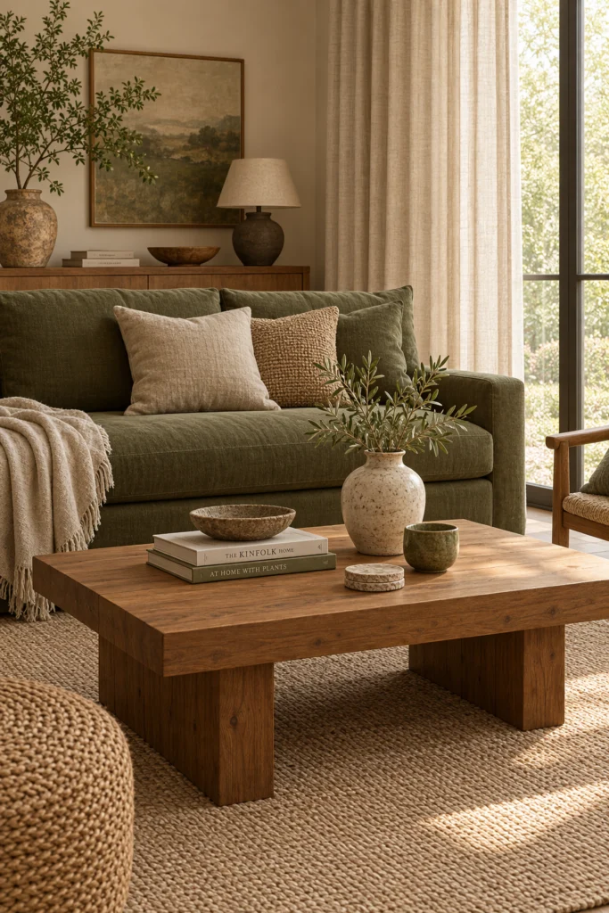 Modern earthy living room with olive green sofa and natural textures