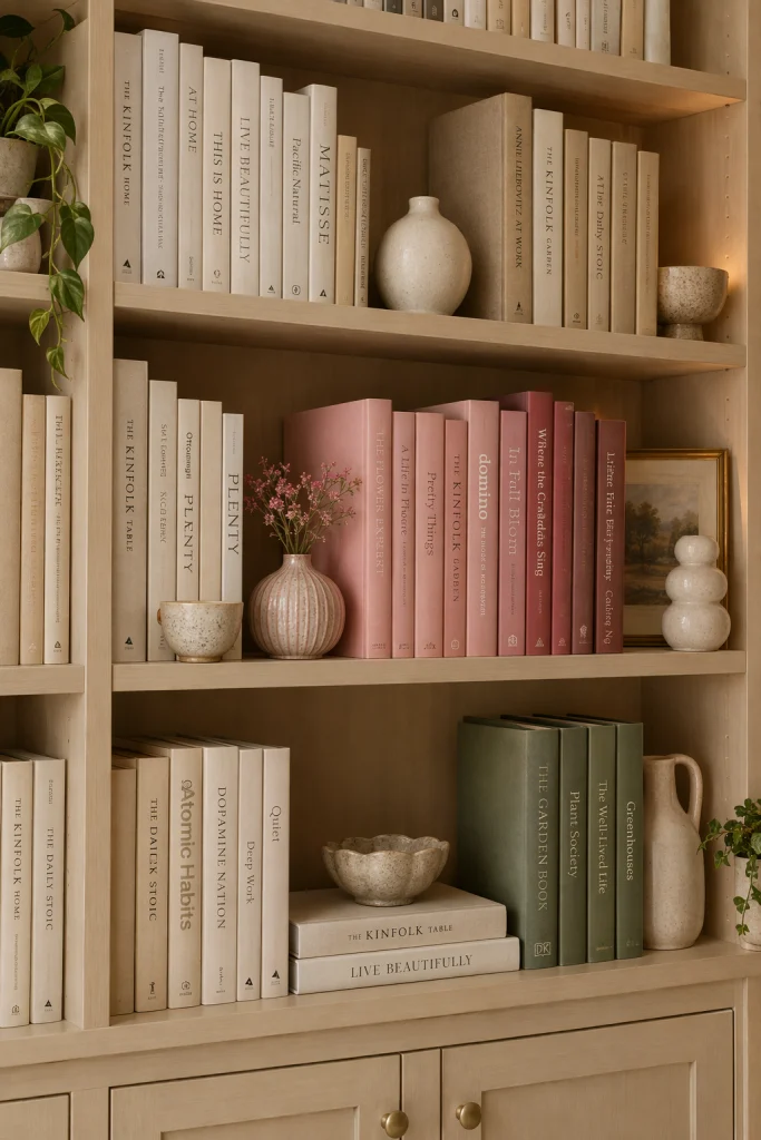 Beige built-in bookshelves styled with pink book spines