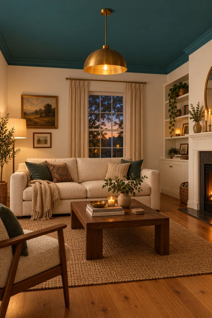 Teal painted ceiling above cream sofa in living room