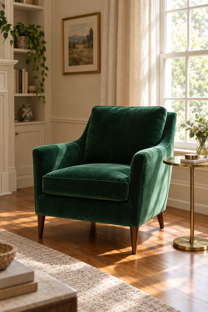 Emerald green velvet accent chair in a neutral living room