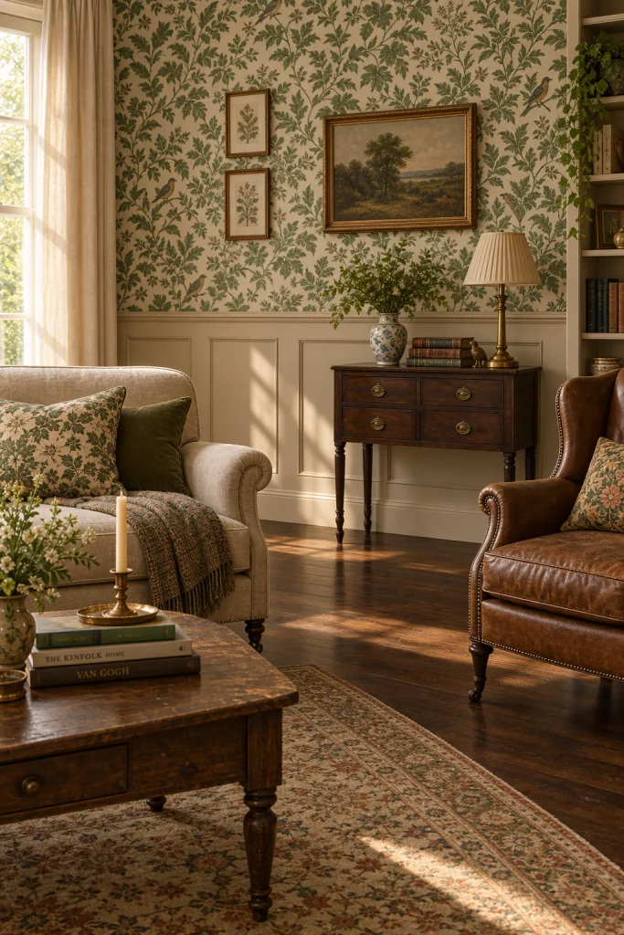 Beige wainscoting paired with green botanical wallpaper above