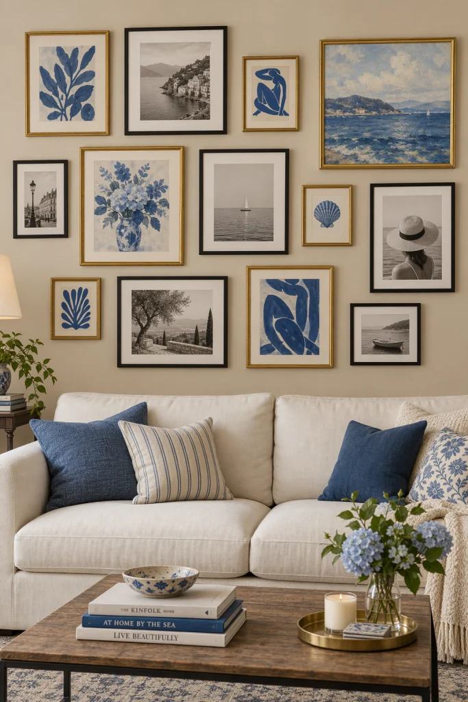 Blue toned gallery wall against beige living room wall