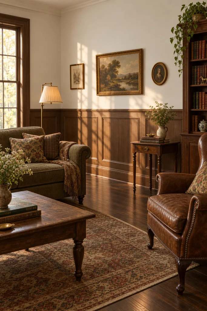 Brown wainscoting paired with white walls above