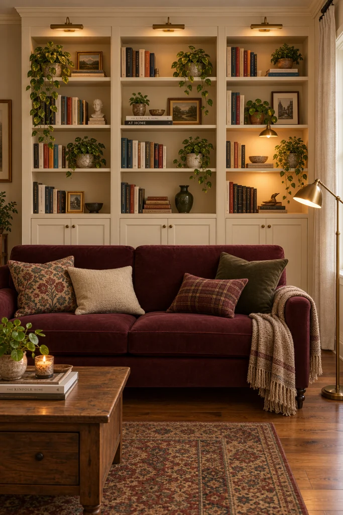 Burgundy sofa below cream built in bookshelves