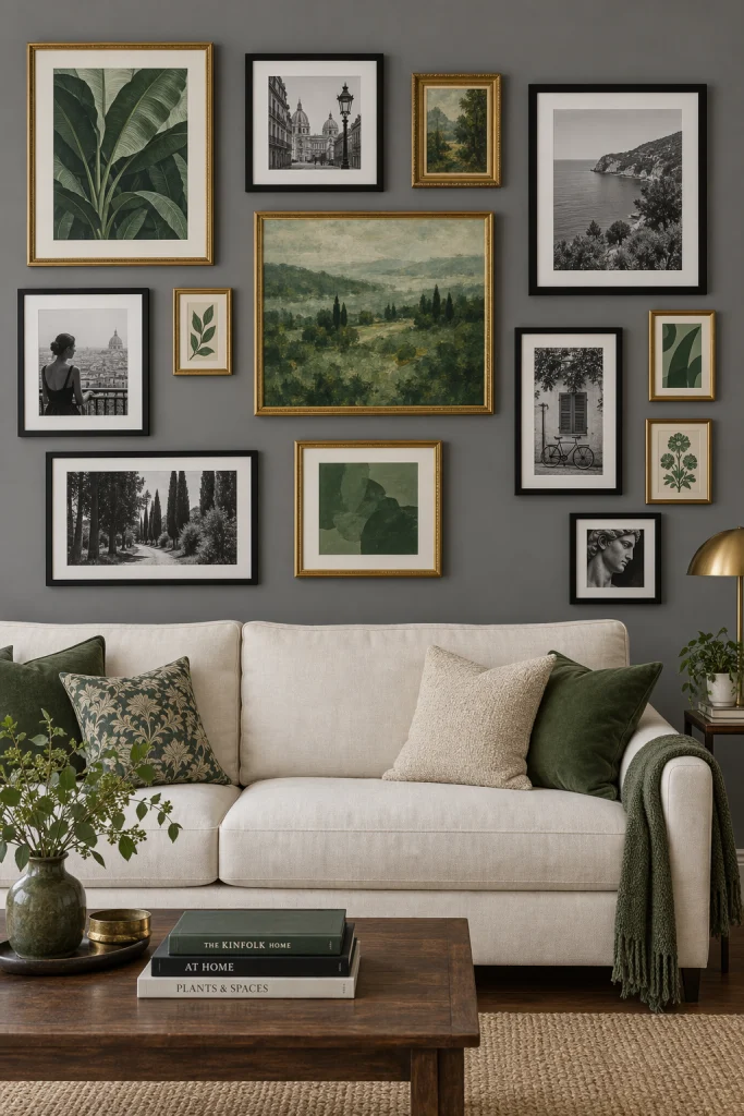 Green toned gallery wall against grey living room wall
